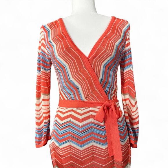 Trina Turk Chevron Knit‎ Wrap Dress Belt Orange Blue V-Neck Long Sleeve ZigZag 0 - Picture 3 of 10
